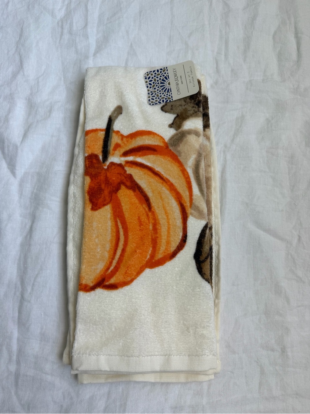 Cynthia Rowley Cream Kitchen Towel with Orange Pumpkin Motif - 2 Set